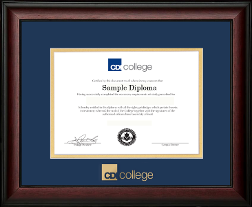 Satin mahogany wooden diploma frame with double matting and gold embossed logo